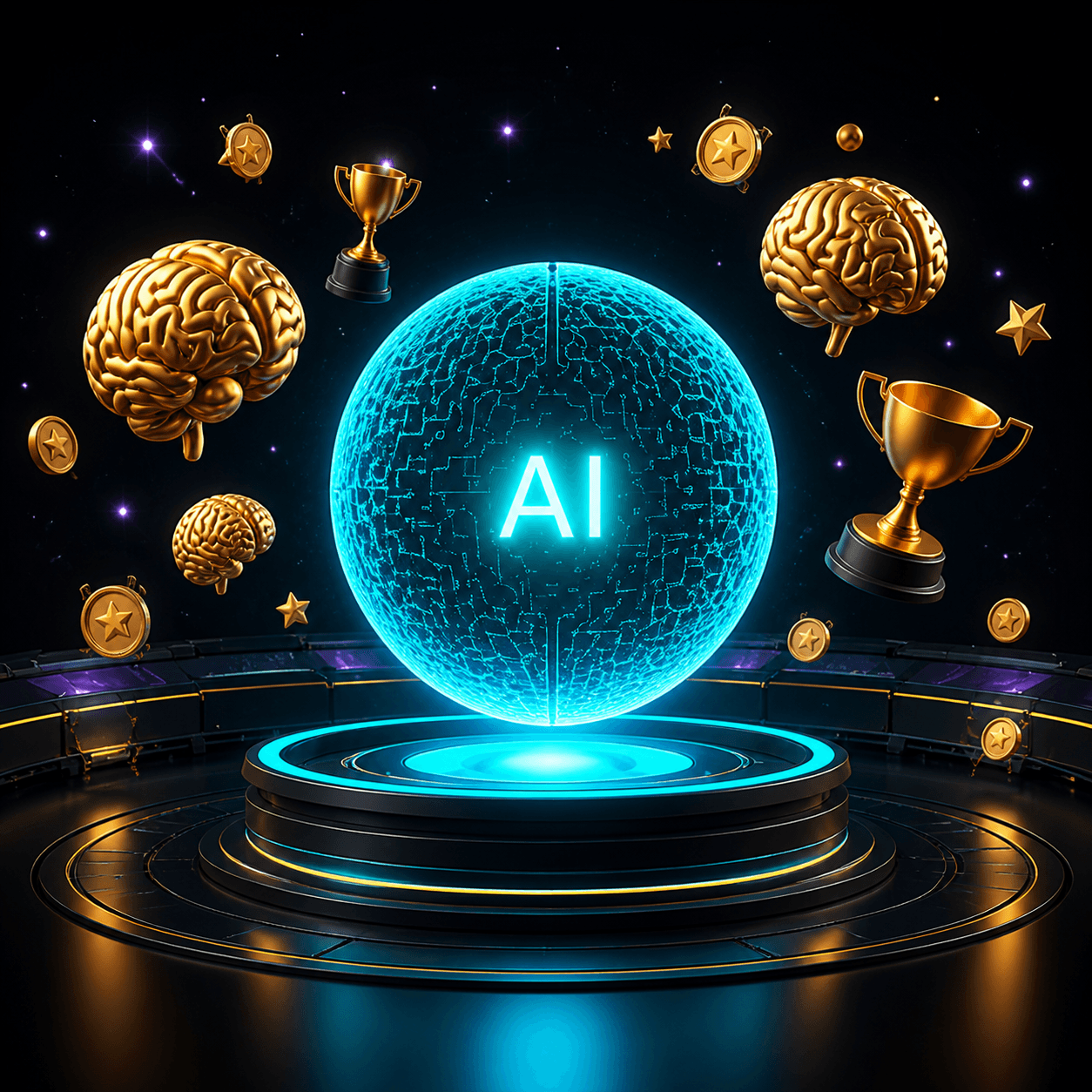 AI learning universe with trophies and golden brains